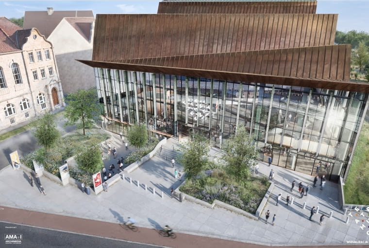 Nowa siedziba Teatru Muzucznego w Poznaniu. Widok na plac wejściowy.