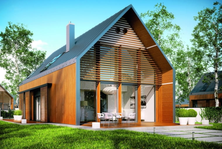 Na elewacjach użyto trzech materiałów: tynku, drewna i szarej blachy wizualizacja domu