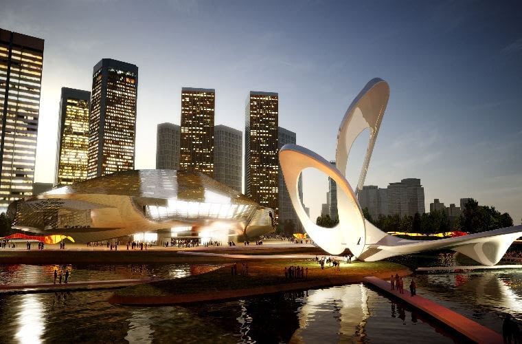 Wizualizacja Międzynarodowego Centrum Konferencyjnego w Dalian w Chinach autorstwa Coop Himmelb (l) Au architektura, ekologia, zrównoważne budownictwo, coop himmelb (l) au, chiny, wolf d. prix, dalian, międzynarodowe centrum konferencyjne