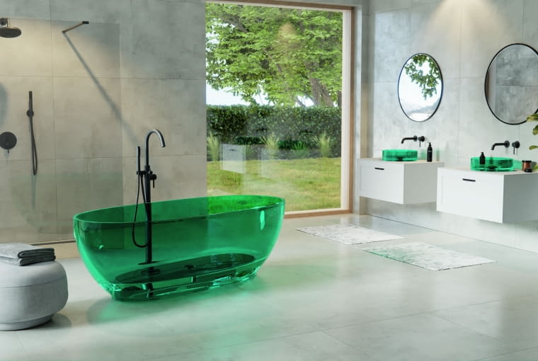 Wanna do ultranowoczesnych łazienek – mieszanka żywicy z wybranymi pigmentami barwiącymi masę pozwala na tworzenie transparentnych modeli o bardzo cienkich rantach