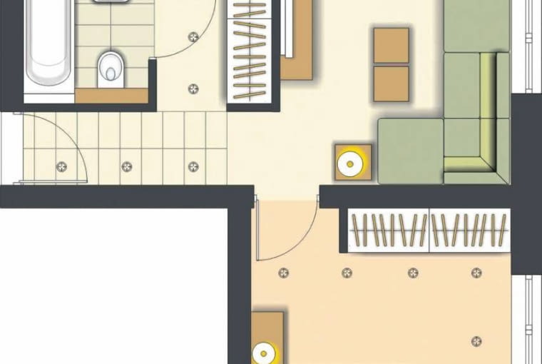 Rozwiązanie 2. <BR /> Wejście do nieznacznie powiększonej łazienki zasłania pojemna szafa. Dzięki temu strefa dzienna ma bardziej intymny charakter.