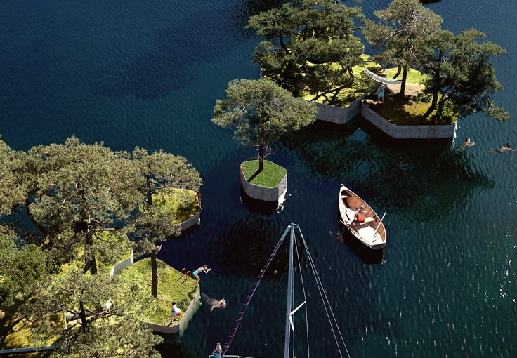 Pływające wyspy w Kopenhadze. Proj. Marshall Blecher i studio Fokstrot.