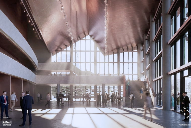 Nowa siedziba Teatru Muzycznego w Poznaniu. Foyer główne - widok na stronę zachodnią