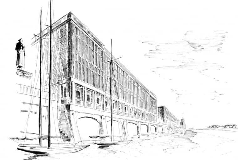 Warszawa-Śródmieście. Koncepcja zabudowy. Autor: Maciej Nowicki; 1945-1946. Widok perspektywiczny od strony Wisły, projekt koncepcyjny, szkic Warszawa-Śródmieście. Koncepcja zabudowy. Autor: Maciej Nowicki; 1945-1946. Widok perspektywiczny od strony Wisły, projekt koncepcyjny, szkic