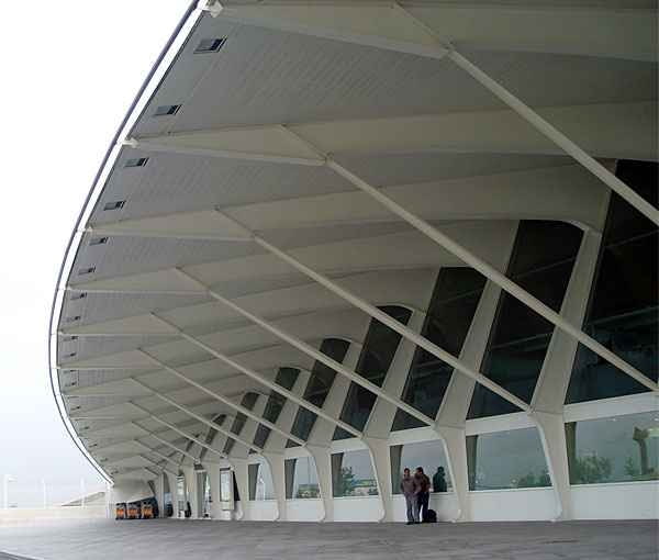 Rzeźbiarski terminal projektu Calatravy wpisuje się górzysty, zielony krajobraz doliny Txoriherri znajdującej się w bliskim sąsiedztwie Bilbao. Albuminowy dach terminalu tworzy olbrzymie wysunięte zadaszenie nad głównym wejściem, wygięta elewacja frontowa ma długość 140 metrów. W środku jest czytelna dyspozycja przestrzenna, na różnych poziomach rozmieszczono halę odlotów i przylotów. architektura, top 10, hiszpania, frank gehry, bilbao, budynek