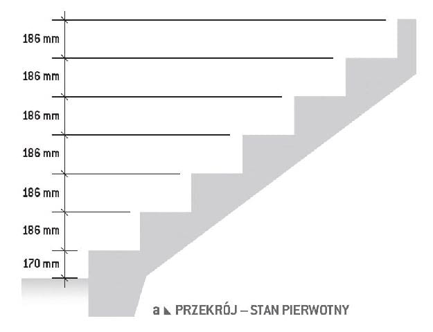 Wyrównanie wysokości stopni schodów - przekrój - stan pierwotny