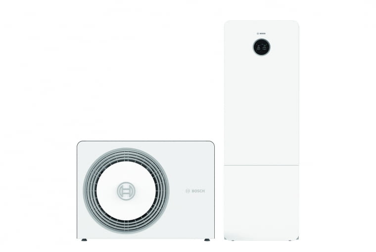 Pompa ciepła typu monoblok z czynnikiem chłodniczym R290 (propan) i stojącym modułem wewnętrznym wyposażonym w zbiornik ciepłej wody o pojemności 180 l Pompa ciepła typu monoblok z czynnikiem chłodniczym R290 (propan) i stojącym modułem wewnętrznym wyposażonym w zbiornik ciepłej wody o pojemności 180 l