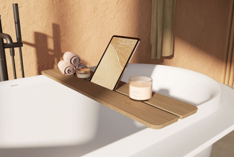 Blisko natury: Elegancka powierzchnia półki z litego dębu to idealne miejsce na tablet, książkę czy telefon, zachęcając do pełnego relaksu w wannie.