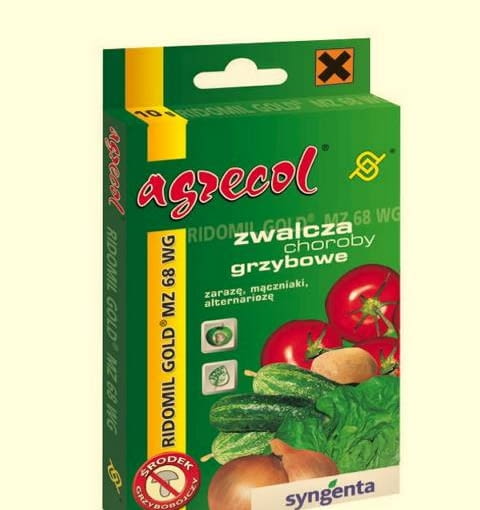 Ridomil Gold działa przeciwko zarazie, mączniakowi prawdziwemu i rzekomemu oraz alternariozie. Agrecol, ok. 5 zł/10 g Ridomil Gold działa przeciwko zarazie, mączniakowi prawdziwemu i rzekomemu oraz alternariozie. Agrecol, ok. 5 zł/10 g