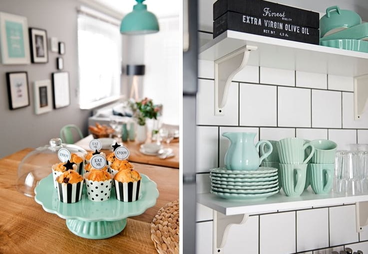 Projektanci pomyśleli także o detalach. Na zmysły oddziałują eleganckie i stylowe akcesoria kuchenne m.in. marki Menu czy Ib Laursen. Oczywiście także w kolorze aromatycznej zieleni. mieszkanie vintage, mieszkanie w stylu vintage, miętowe mieszkanie, mieszkanie retro