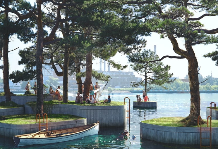 Pływające wyspy w Kopenhadze. Proj. Marshall Blecher i studio Fokstrot.