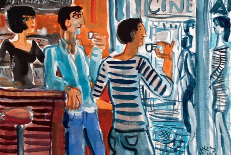 Kawiarniana scena, 2014 r., 48,8 x 38,8 cm, gwasz na papierze. obrazy, krzysztof kokoryn