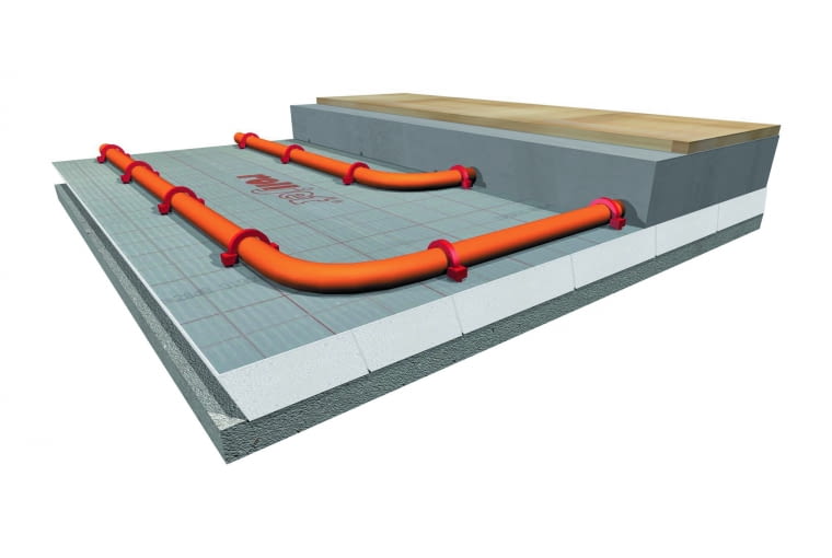 Przykładowa konstrukcja ogrzewania podłogowego w systemie mokrym. Rury układa się na izolacji systemowej pokrytej folią z wtopioną w nią siatką kotwiącą, która zapewnia prawidłowe zamocowanie klipsów. Nadrukowana podziałka (raster) ułatwia montaż Przykładowa konstrukcja ogrzewania podłogowego w systemie mokrym. Rury układa się na izolacji systemowej pokrytej folią z wtopioną w nią siatką kotwiącą, która zapewnia prawidłowe zamocowanie klipsów. Nadrukowana podziałka (raster) ułatwia montaż