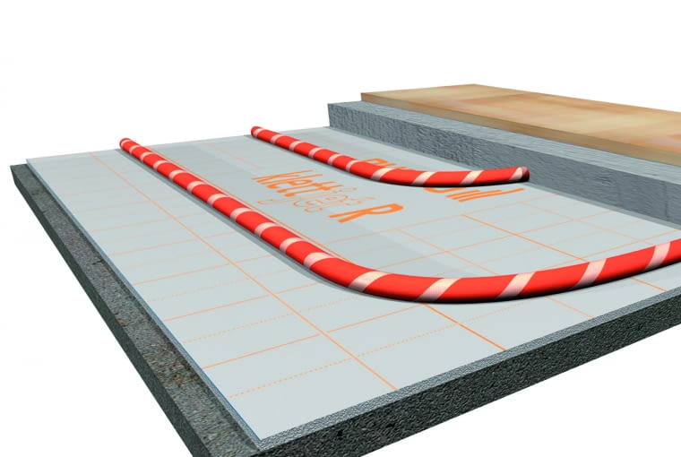 Przykład renowacyjnego systemu ogrzewania podłogowego z użyciem maty samoprzylepnej, do której przyczepia się rury z rzepem. Można go układać bezpośrednio na istniejącej posadzce Przykład renowacyjnego systemu ogrzewania podłogowego z użyciem maty samoprzylepnej, do której przyczepia się rury z rzepem. Można go układać bezpośrednio na istniejącej posadzce