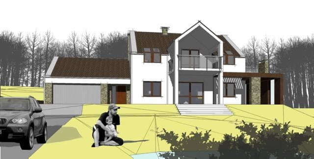 Widok na dom, staw i wzgórze od strony wjazdu na działkę