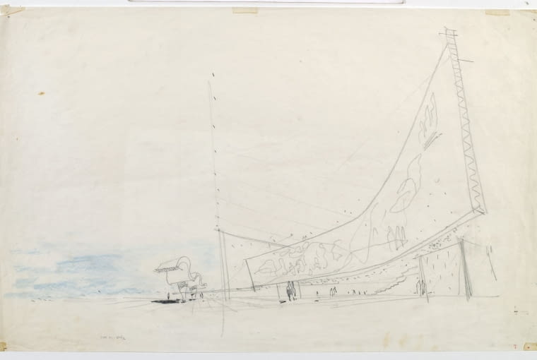 Gmach Organizacji Narodów Zjednoczonych w Nowym Jorku. Autor: Maciej Nowicki; ok. 1947. Widok perspektywiczny elewacji frontowej, szkic koncepcyjny Gmach Organizacji Narodów Zjednoczonych w Nowym Jorku. Autor: Maciej Nowicki; ok. 1947. Widok perspektywiczny elewacji frontowej, szkic koncepcyjny