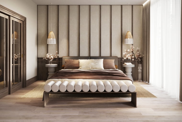 Jasne, stonowane barwy: beże, kremy i ciepłe szarości podkreślają urodę ciemnego drewna, nie obciążając przestrzeni.