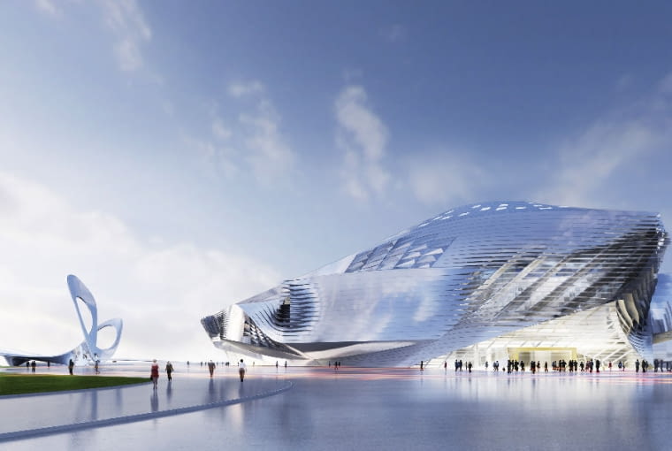 Wizualizacja Międzynarodowego Centrum Konferencyjnego w Dalian w Chinach autorstwa Coop Himmelb (l) Au architektura, ekologia, zrównoważne budownictwo, coop himmelb (l) au, chiny, wolf d. prix, dalian, międzynarodowe centrum konferencyjne