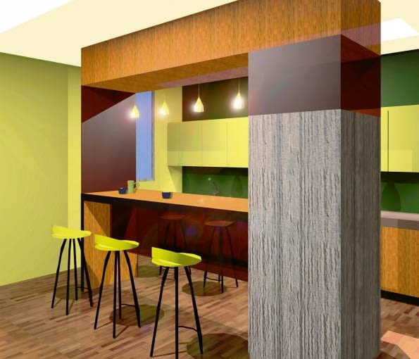 Dolna część filara została obłożona szarym kamieniem. Część górna jest przeszklona - z tego samego szkła barwionego na czekoladowy kolor zrobiono ściankę z drugiej strony długiego blatu. Podwieszany sufit i blat są fornirowane drewnem w ciepłym jasnobrązowym odcieniu.