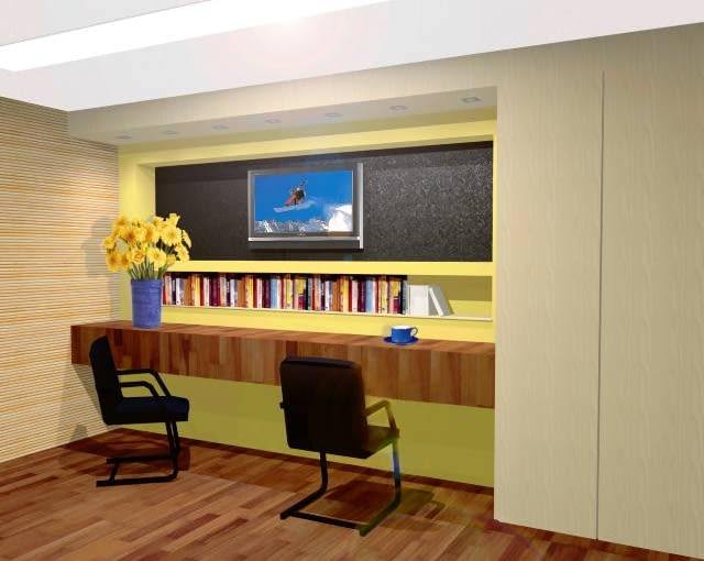 Biurka po opuszczeniu pokryw zamieniają się w półkę, np. na dekoracyjne drobiazgi. Taka konstrukcja sprawdzi się również w roli barku, przy którym można usiąść i napić się kawy.