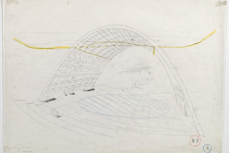 Gmach Organizacji Narodów Zjednoczonych w Nowym Jorku. Autor: Maciej Nowicki; ok. 1947. Widok perspektywiczny audytorium Gmach Organizacji Narodów Zjednoczonych w Nowym Jorku. Autor: Maciej Nowicki; ok. 1947. Widok perspektywiczny audytorium