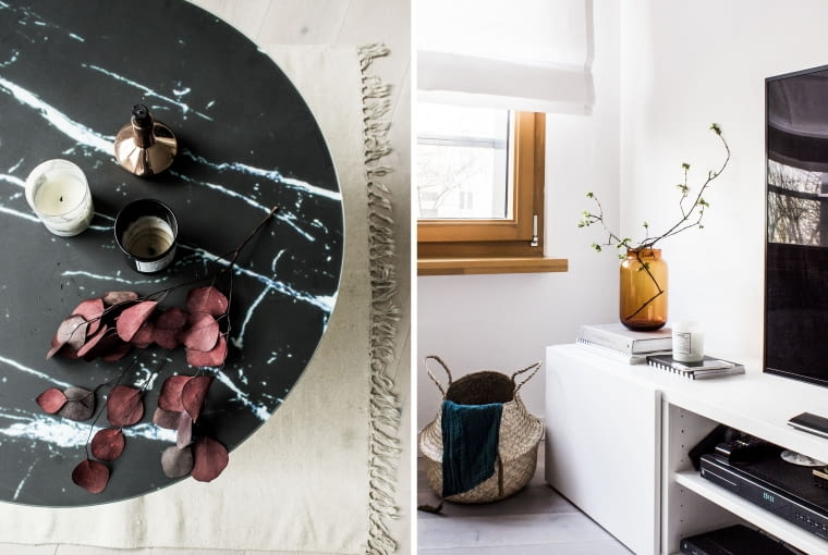 We wnętrzach skandynawskich to dodatki budują klimat i dopełniają indywidualną formę aranżacji. Marmurowy stolik, wiklinowe kosze i duże szklane wazony to pomysł na twórczość własną, którą w każdej chwili można zmienić.