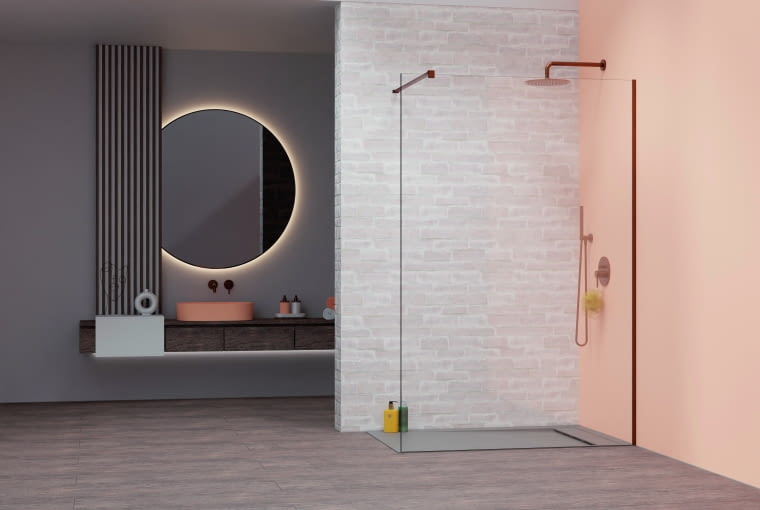 Ten rodzaj wykończenia jest idealnym motywem przewodnim w łazience nowoczesnej lub klasycznej. Głęboki odcień szczotkowanej  miedzi z satynową poświatą znakomicie harmonizuje się z prostą taflą szkła