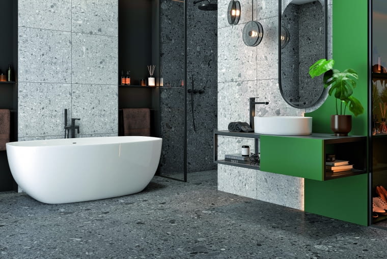 Wzór tych płytek przypomina zatopione w skale odłamki kamienia, które w połączeniu z intensywną kolorystyką prezentują się wysublimowanie i oryginalnie Wzór tych płytek przypomina zatopione w skale odłamki kamienia, które w połączeniu z intensywną kolorystyką prezentują się wysublimowanie i oryginalnie