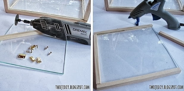 DIY - mini szklarnia. Krok 7: Kolejna szybka będzie częścią ruchomą, przymocowaną na małe zawiasy, które montujemy do górnej listewki. mini szklarnia, DIY, zrób to sam, szklarnia, design