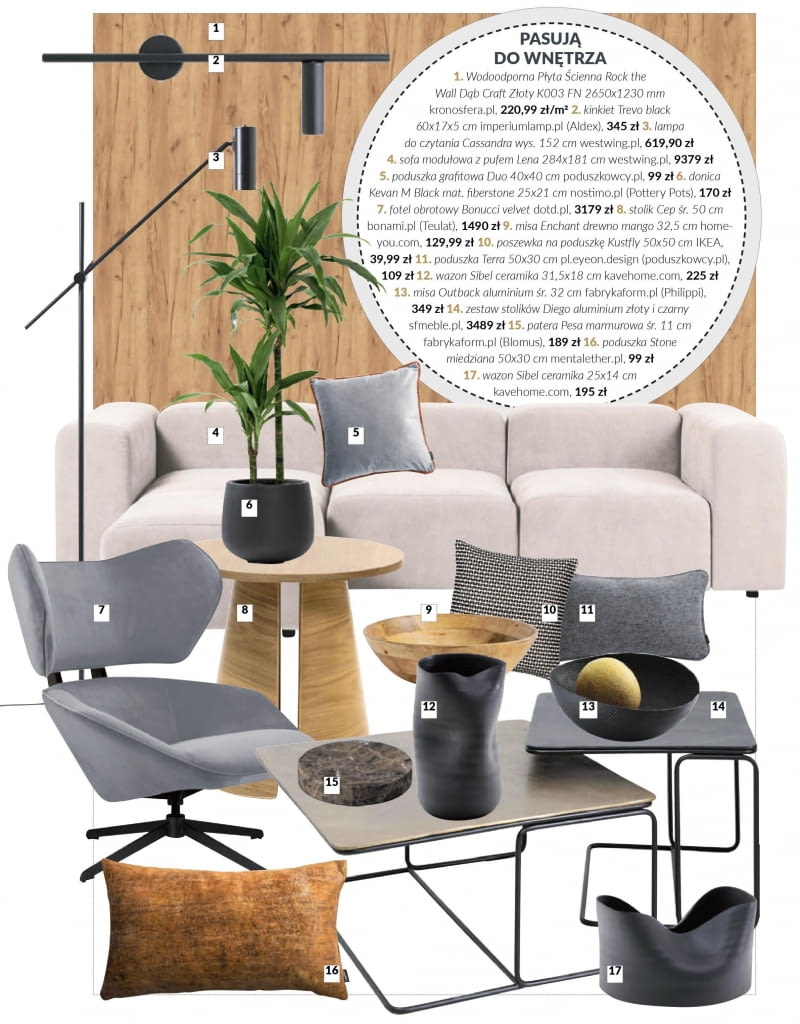 Meble i dodatki pasujące do prezentowanych wnętrz