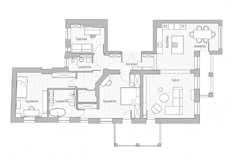 Rzut mieszkania, projekt arch. Biuro Kreacja – Dorota Terlecka, Paula Banasik Rzut mieszkania, projekt arch. Biuro Kreacja – Dorota Terlecka, Paula Banasik