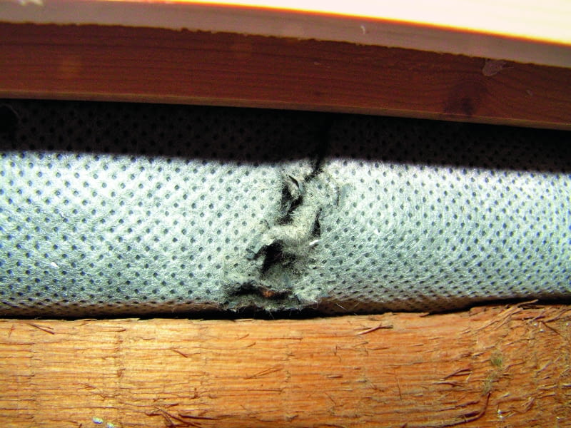 Tylko dekarz z doświadczeniem zwróci  uwagę na pozorne błahostki, tak jak tu –  uszkodzoną membranę wstępnego krycia