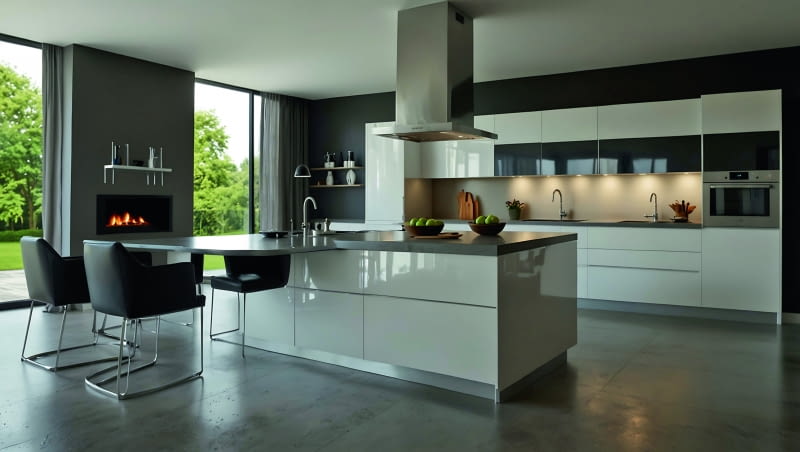 Spójne wykończenie całej zabudowy kuchennej pokazuje, że choć wyspa stoi na granicy pomieszczeń, to jednak stanowi integralną część kuchni.