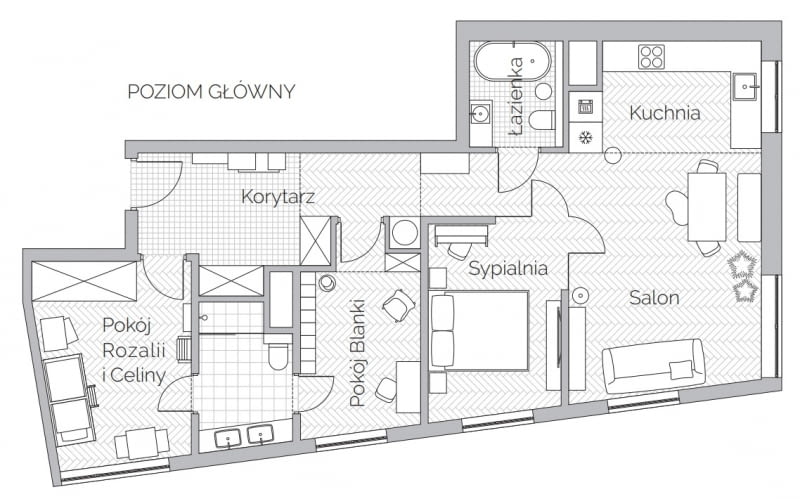 Plan mieszkania - poziom główny. Plan mieszkania - poziom główny.