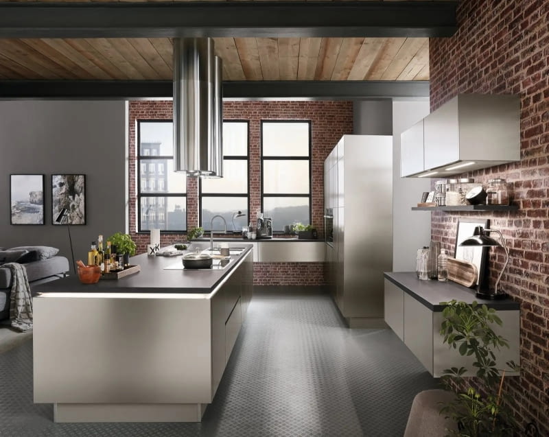 Kuchnia NOBILIA INOX 216 stal szczotkowana, imitacja, lakierowany laminat