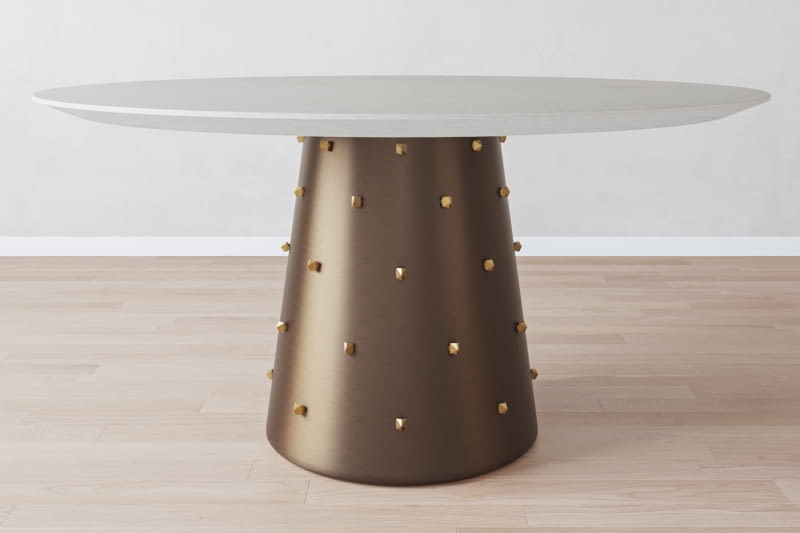 Stół Roche Brass, stal w kolorze szczotkowanego mosiądzu z biżuteryjnymi guzami, fornirowany dębowy blat, śr. 152,6 cm, 20 315 zł, pl.thatsliving.com Stół Roche Brass, stal w kolorze szczotkowanego mosiądzu z biżuteryjnymi guzami, fornirowany dębowy blat, śr. 152,6 cm, 20 315 zł, pl.thatsliving.com
