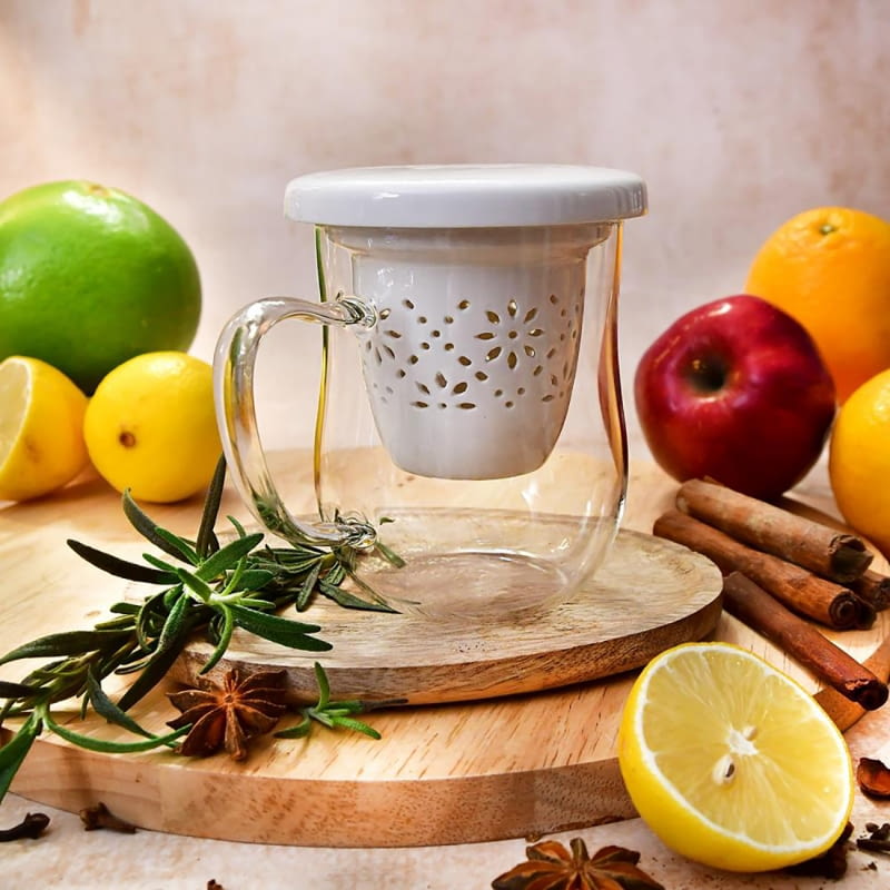 Szklany kubek z porcelanowym zaparzaczem MON CHERI