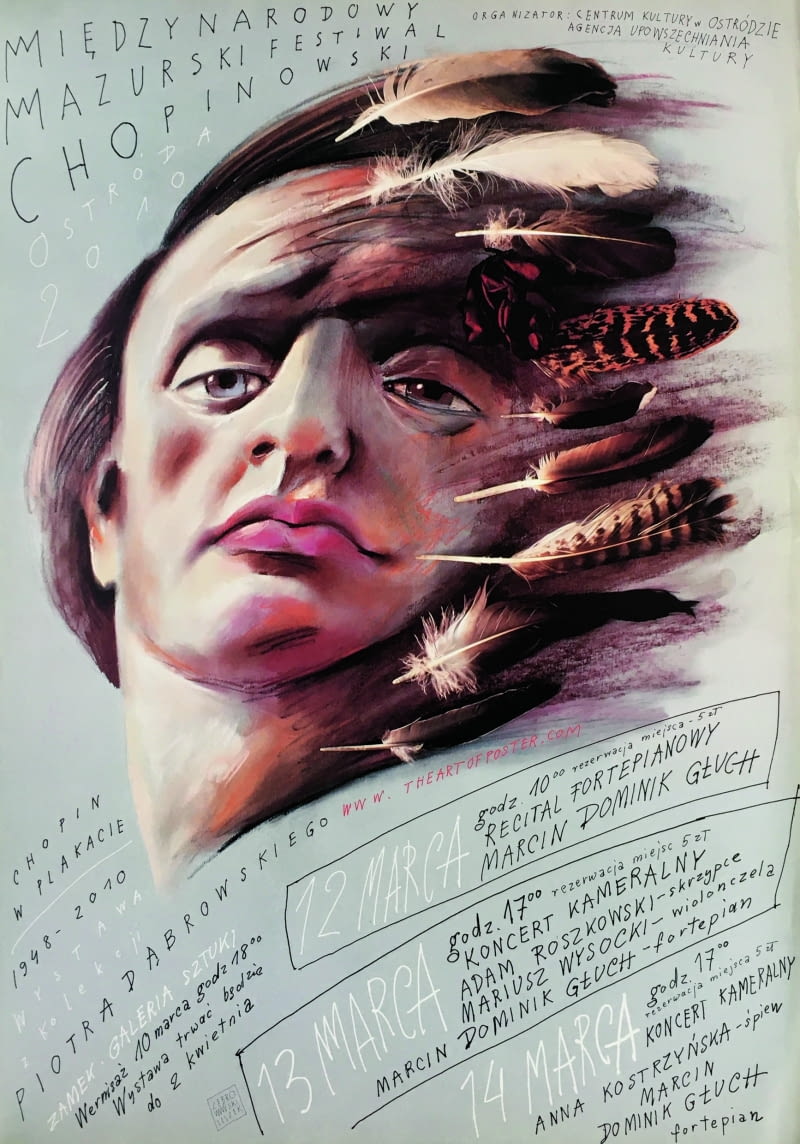 Plakat Mazurskiego Festiwalu Chopinowskiego zorganizowanego przez Centrum Kultury w Ostródzie w 2010 r.  W sprzedaży w poster.pl, 135 zł, format B1 (ok. 98 x 68 cm).