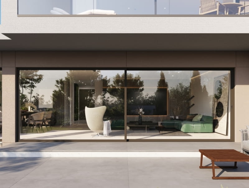 Drzwi podnoszono-przesuwne Schüco LivIngSlide-e Panorama Design z automatycznym napędem. Drzwi podnoszono-przesuwne Schüco LivIngSlide-e Panorama Design z automatycznym napędem.