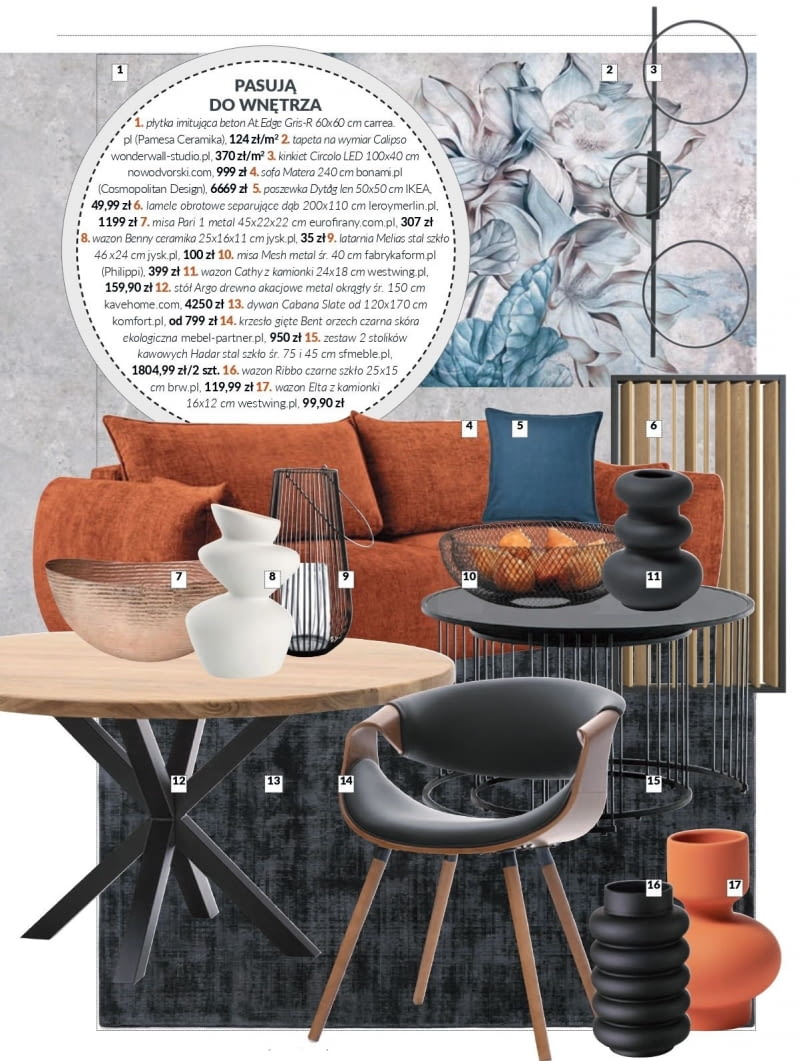 Meble i dodatki pasujące do prezentowanych wnętrz