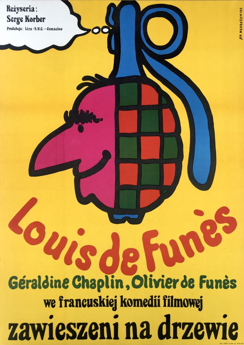 Oryginalny druk z 1973 r. plakatu do filmu „Zawieszeni na drzewie” - reżyseria Korber Serge, aktorzy: Geraldine Chaplin, Louis de Funes, Olivier De Funes. Dostępny w poster.pl z kolekcji Galerii Plakatu.