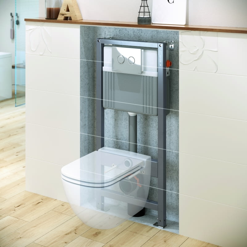 Wytrzymały, ultrapłytki stelaż (tylko 11 cm)  do zabudowy suchej; przystosowany do  dwudzielnego systemu spłukiwania: 2/4 l,  3/5 l (ustawienia fabryczne) lub 3 l/6 l,  Aqua 72 PNEU S QF