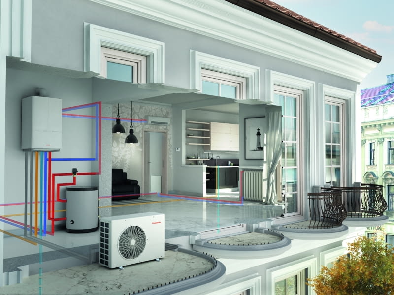 W układzie hybrydowym połączenie powietrznej pompy ciepła z kotłem  gazowym pozwala na elastyczne i efektywne zarządzanie ogrzewaniem  w różnych warunkach