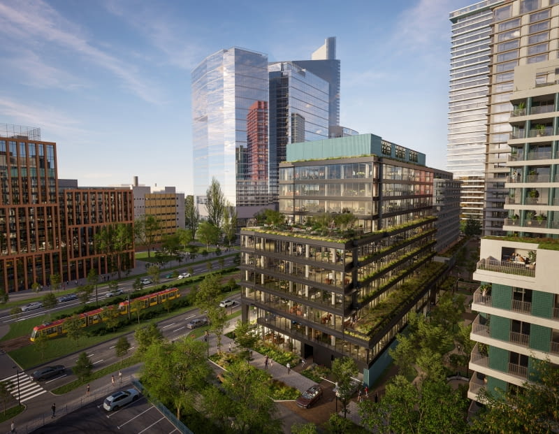 Towarowa22 - widok na apartamentowiec i biurowiec od strony ulicy wewnętrznej