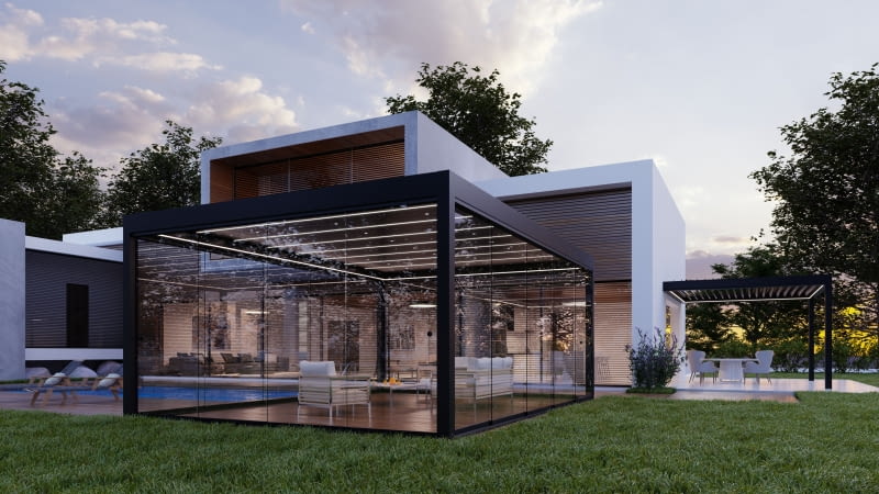 Po zamknięciu ścian przeszklonymi segmentami oraz zamknięciu dachu pergola nadal może stanowić funkcjonalną przestrzeń, w której zachowany jest komfort użytkowników Pergola