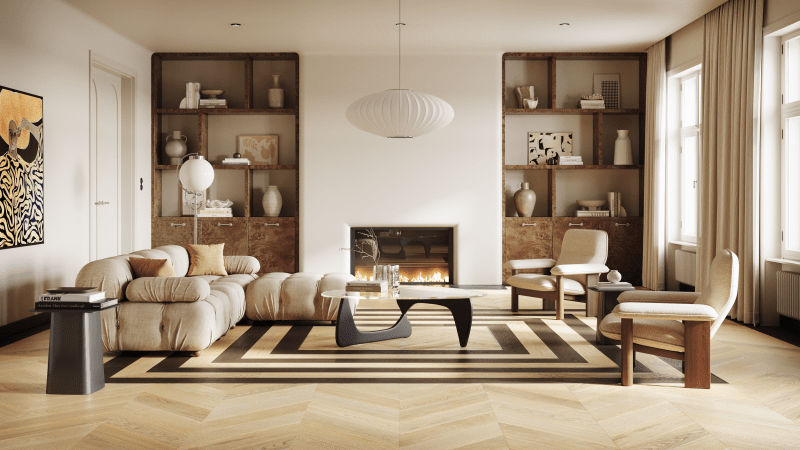 Zaoblona ściana kominkowa z szykowną zabudową meblową i wspaniałą podłogą skomponowaną z dwóch rodzajów desek wydziela luksusową strefę wypoczynkową.