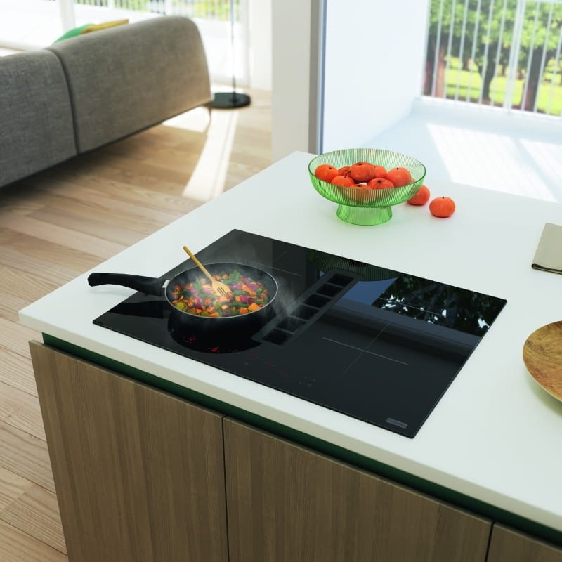 Praktyczne urządzenie dwa w jednym. Składa się z płyty indukcyjnej połączonej z wbudowanym okapem.