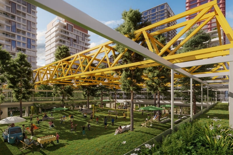 Ogrody Towarowa. Ogród Hala słoneczna polana pod konstrukcją dawnej hali DSP Ogrody Towarowa. Ogród Hala słoneczna polana pod konstrukcją dawnej hali DSP