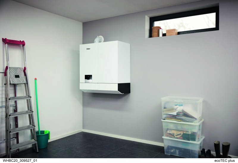 Wiszący gazowy kocioł kondensacyjny z dopasowanym do niego zasobnikiem c.w.u. – zbiornik  w zależności od potrzeb można umieścić z prawej lub lewej strony