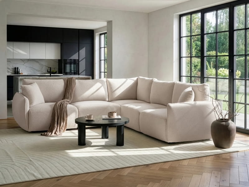 Narożnik modułowy dla 5 osób Mesnali, lewostronny, złamana biel, bouclé, 84 x 266 x 266 cm, 5699 zł, beliani.pl Narożnik modułowy dla 5 osób Mesnali, lewostronny, złamana biel, bouclé, 84 x 266 x 266 cm, 5699 zł, beliani.pl